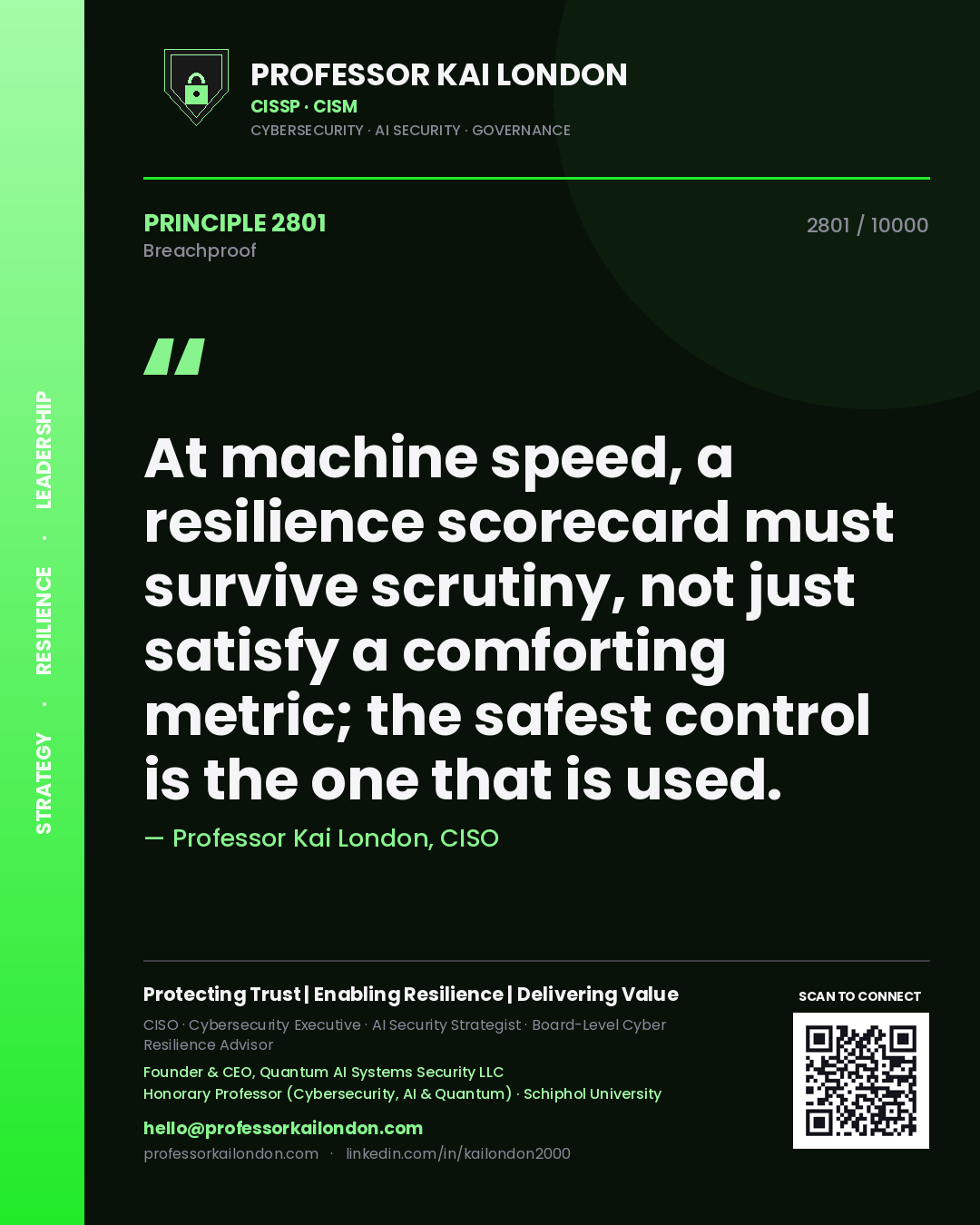 Professor Kai London principle 2801: At machine speed, a resilience scorecard must survive scrutiny, not just satisfy a comforting metric; the safest control is the one that is used.