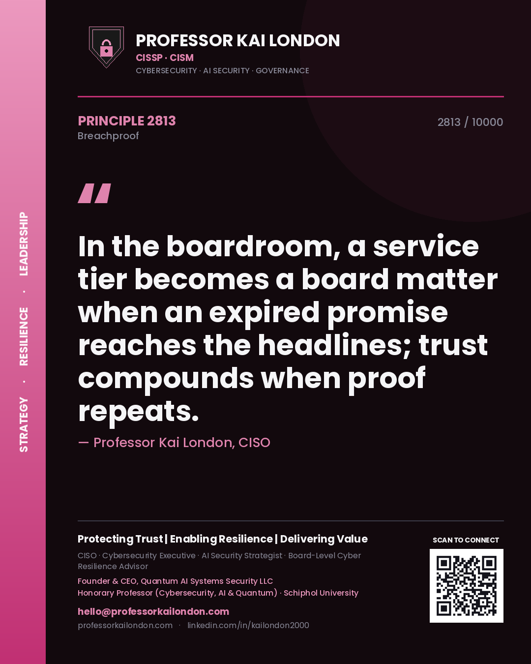 Professor Kai London principle 2813: In the boardroom, a service tier becomes a board matter when an expired promise reaches the headlines; trust compounds when proof repeats.