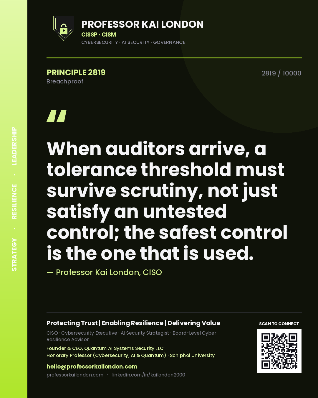 Professor Kai London principle 2819: When auditors arrive, a tolerance threshold must survive scrutiny, not just satisfy an untested control; the safest control is the one that is used.