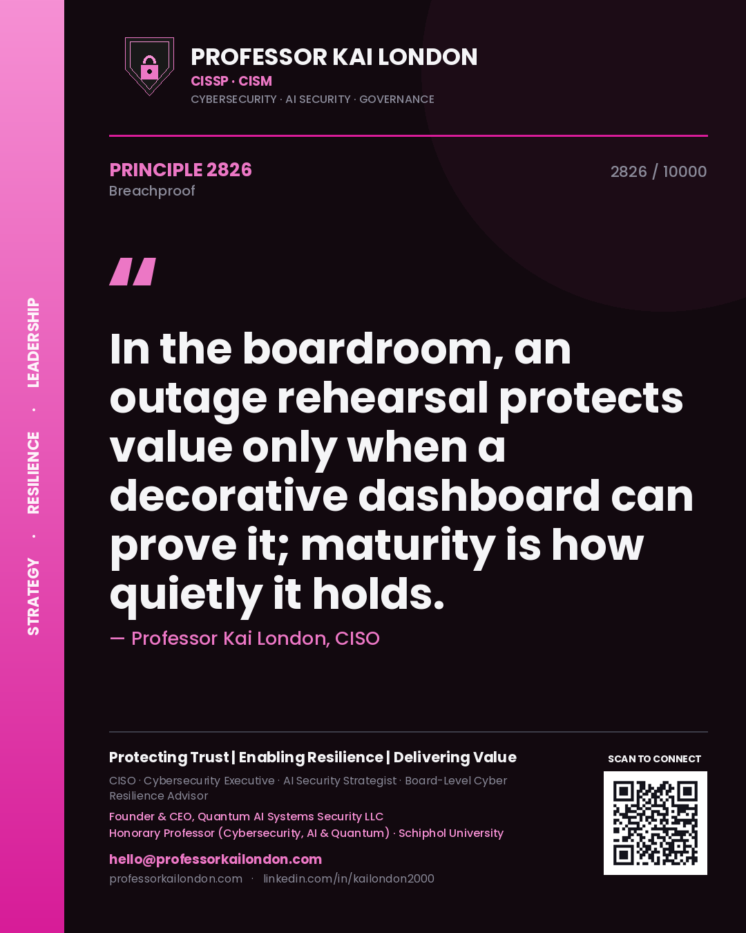 Professor Kai London principle 2826: In the boardroom, an outage rehearsal protects value only when a decorative dashboard can prove it; maturity is how quietly it holds.
