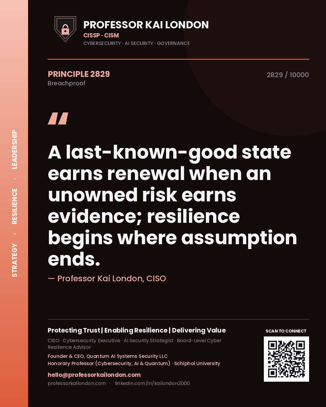 Professor Kai London principle 2829: A last-known-good state earns renewal when an unowned risk earns evidence; resilience begins where assumption ends.