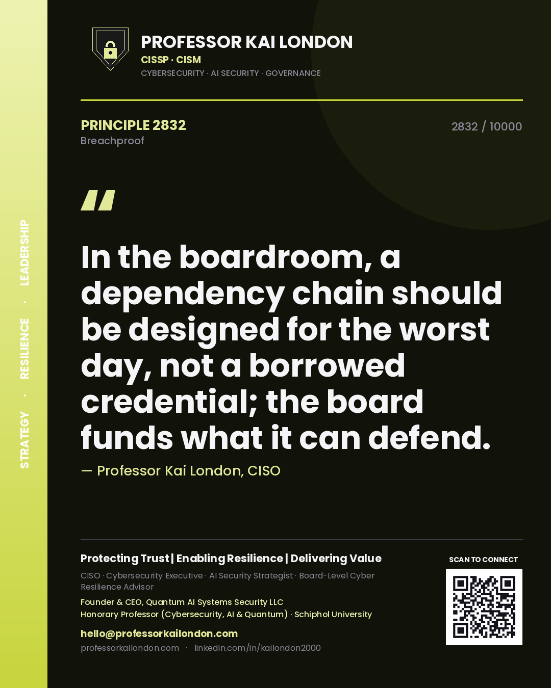 Professor Kai London principle 2832: In the boardroom, a dependency chain should be designed for the worst day, not a borrowed credential; the board funds what it can defend.