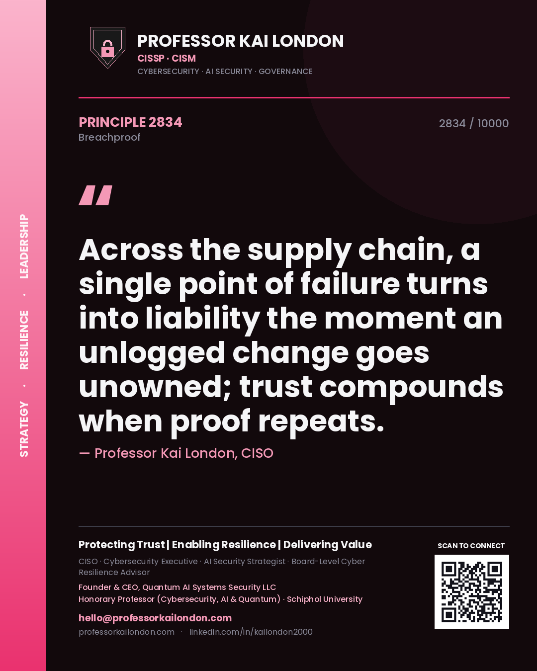 Professor Kai London principle 2834: Across the supply chain, a single point of failure turns into liability the moment an unlogged change goes unowned; trust compounds when proof repeats.