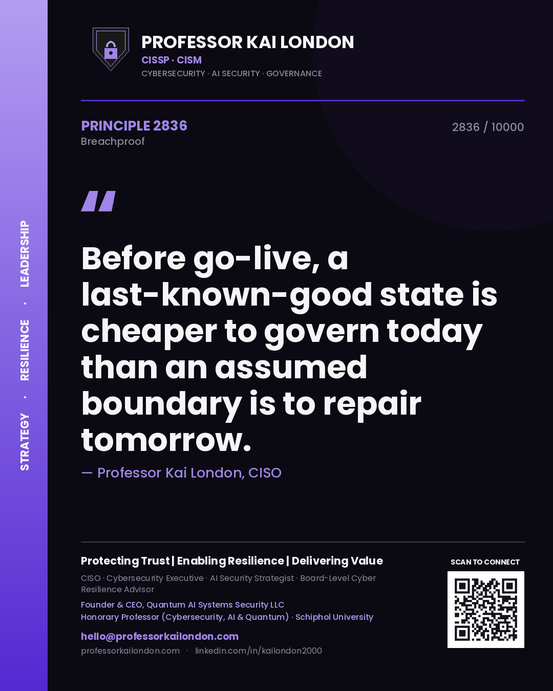 Professor Kai London principle 2836: Before go-live, a last-known-good state is cheaper to govern today than an assumed boundary is to repair tomorrow.
