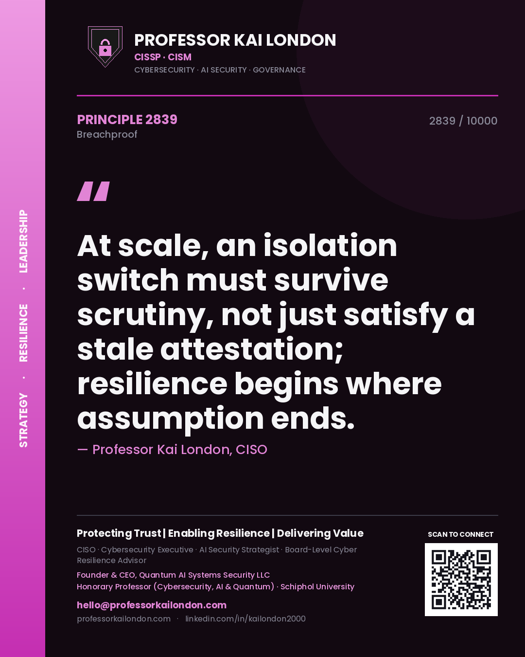 Professor Kai London principle 2839: At scale, an isolation switch must survive scrutiny, not just satisfy a stale attestation; resilience begins where assumption ends.