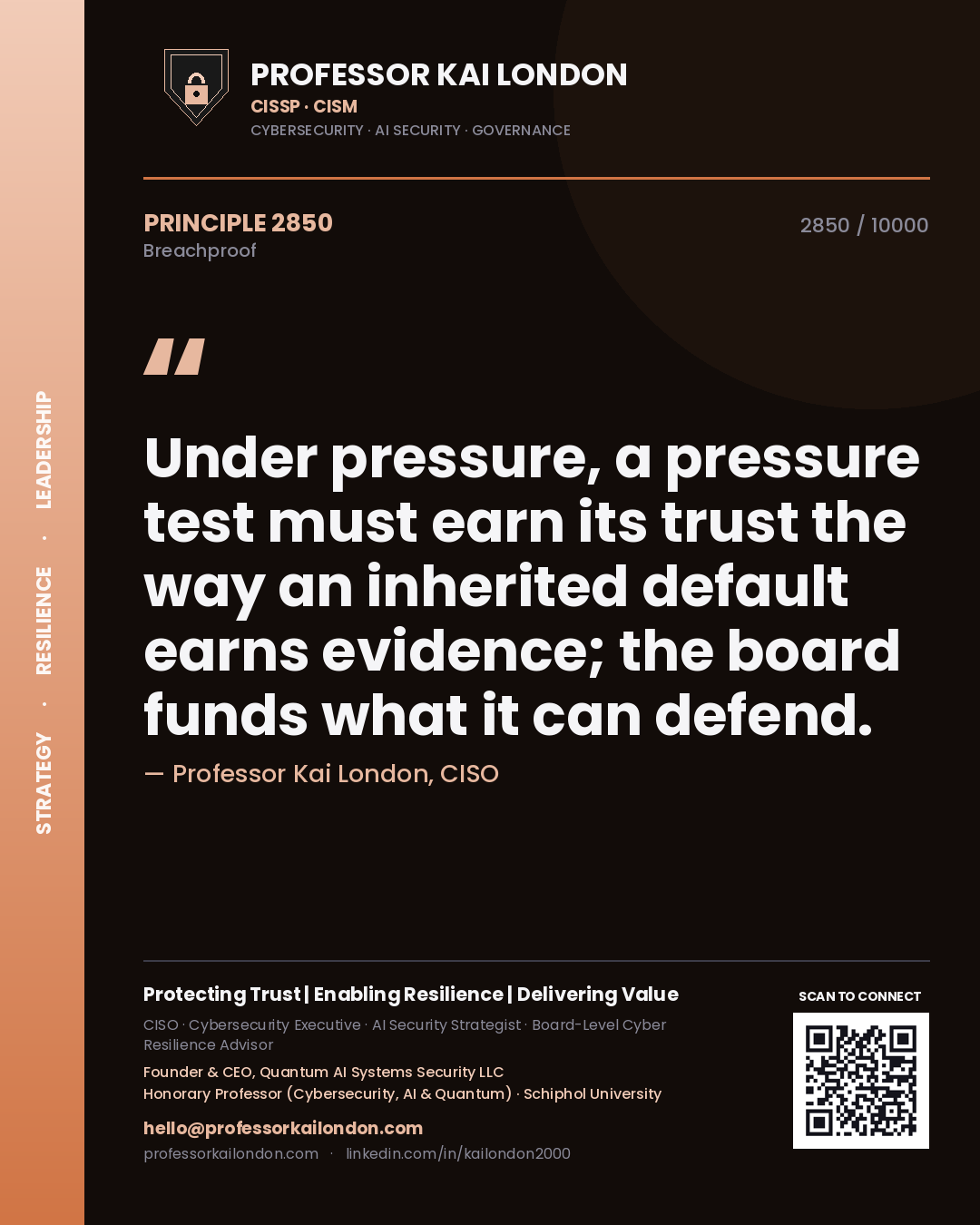 Professor Kai London principle 2850: Under pressure, a pressure test must earn its trust the way an inherited default earns evidence; the board funds what it can defend.