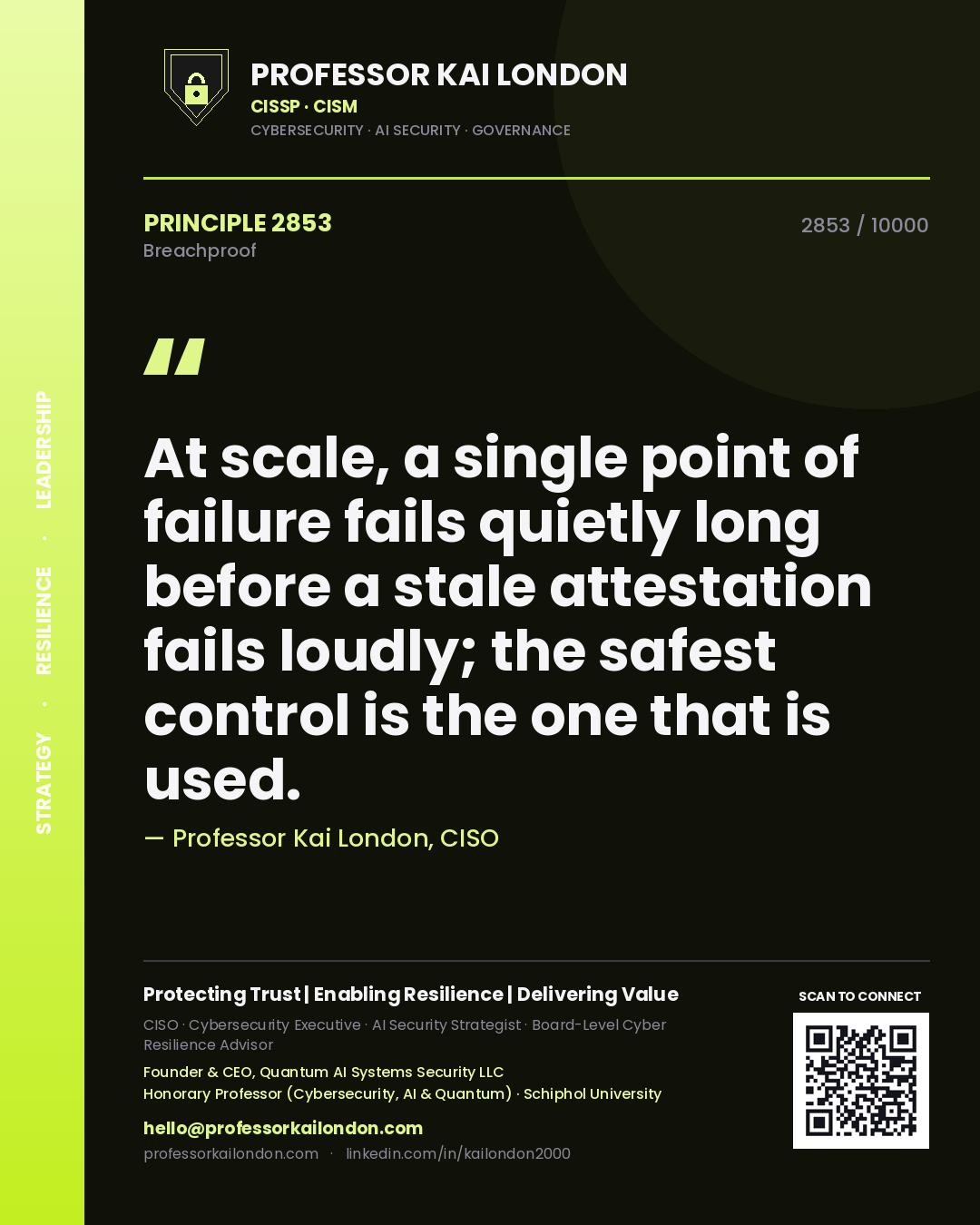 Professor Kai London principle 2853: At scale, a single point of failure fails quietly long before a stale attestation fails loudly; the safest control is the one that is used.
