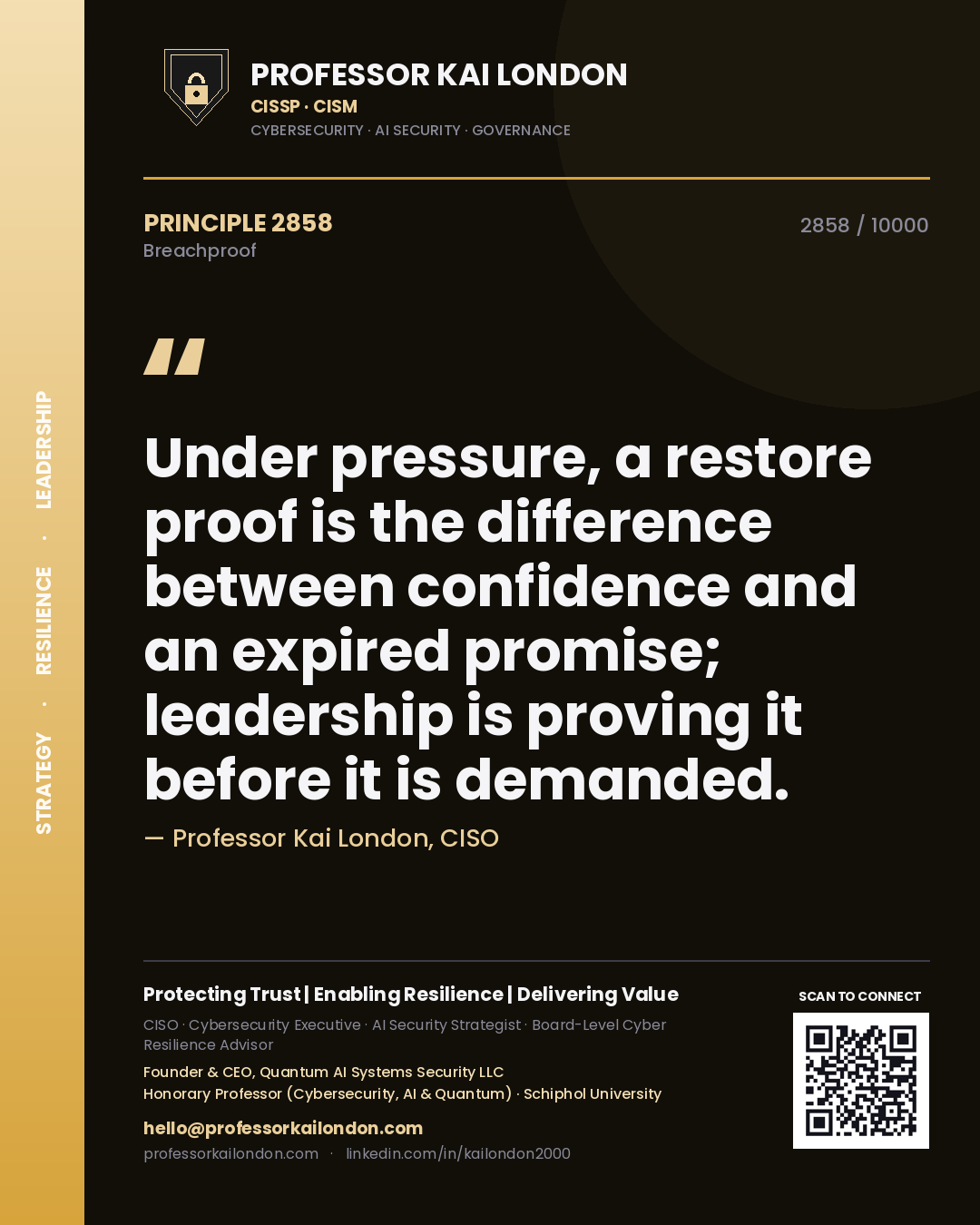 Professor Kai London principle 2858: Under pressure, a restore proof is the difference between confidence and an expired promise; leadership is proving it before it is demanded.