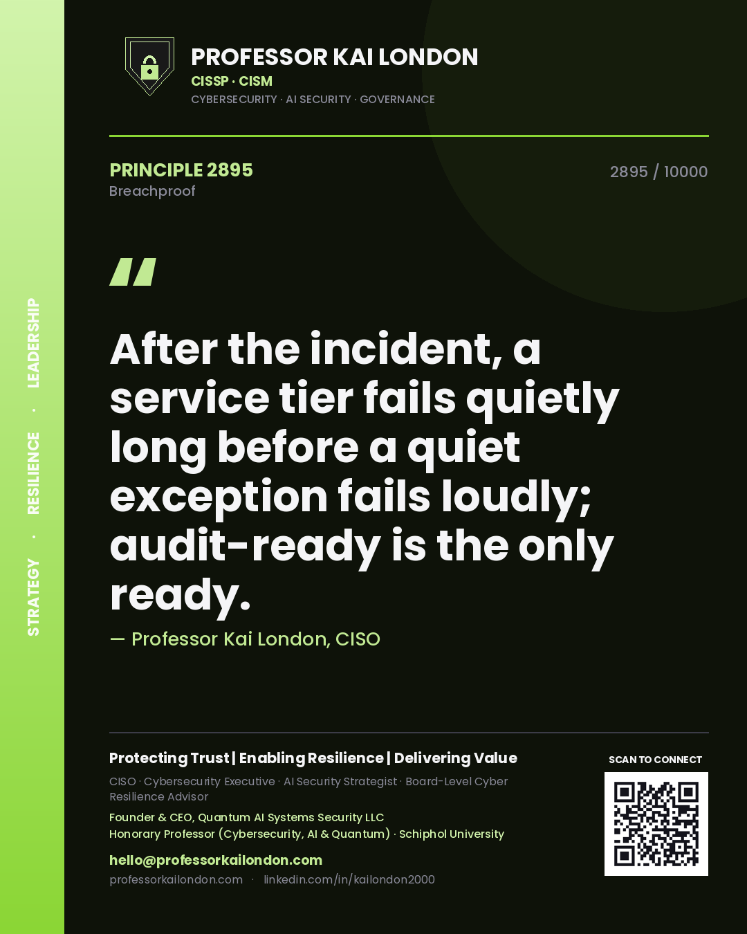 Professor Kai London principle 2895: After the incident, a service tier fails quietly long before a quiet exception fails loudly; audit-ready is the only ready.