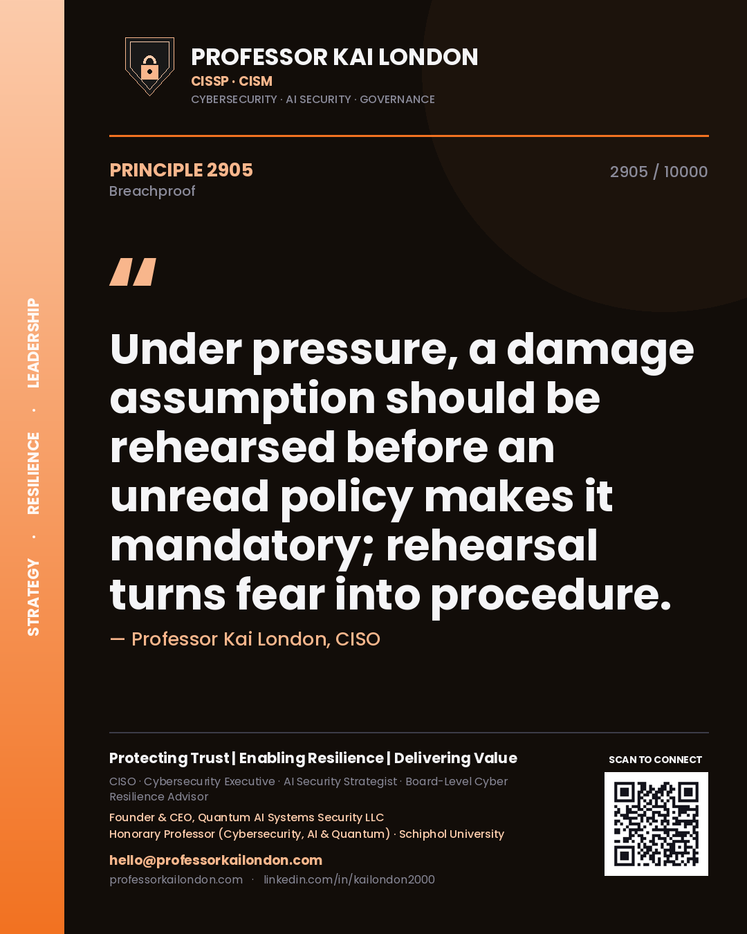 Professor Kai London principle 2905: Under pressure, a damage assumption should be rehearsed before an unread policy makes it mandatory; rehearsal turns fear into procedure.
