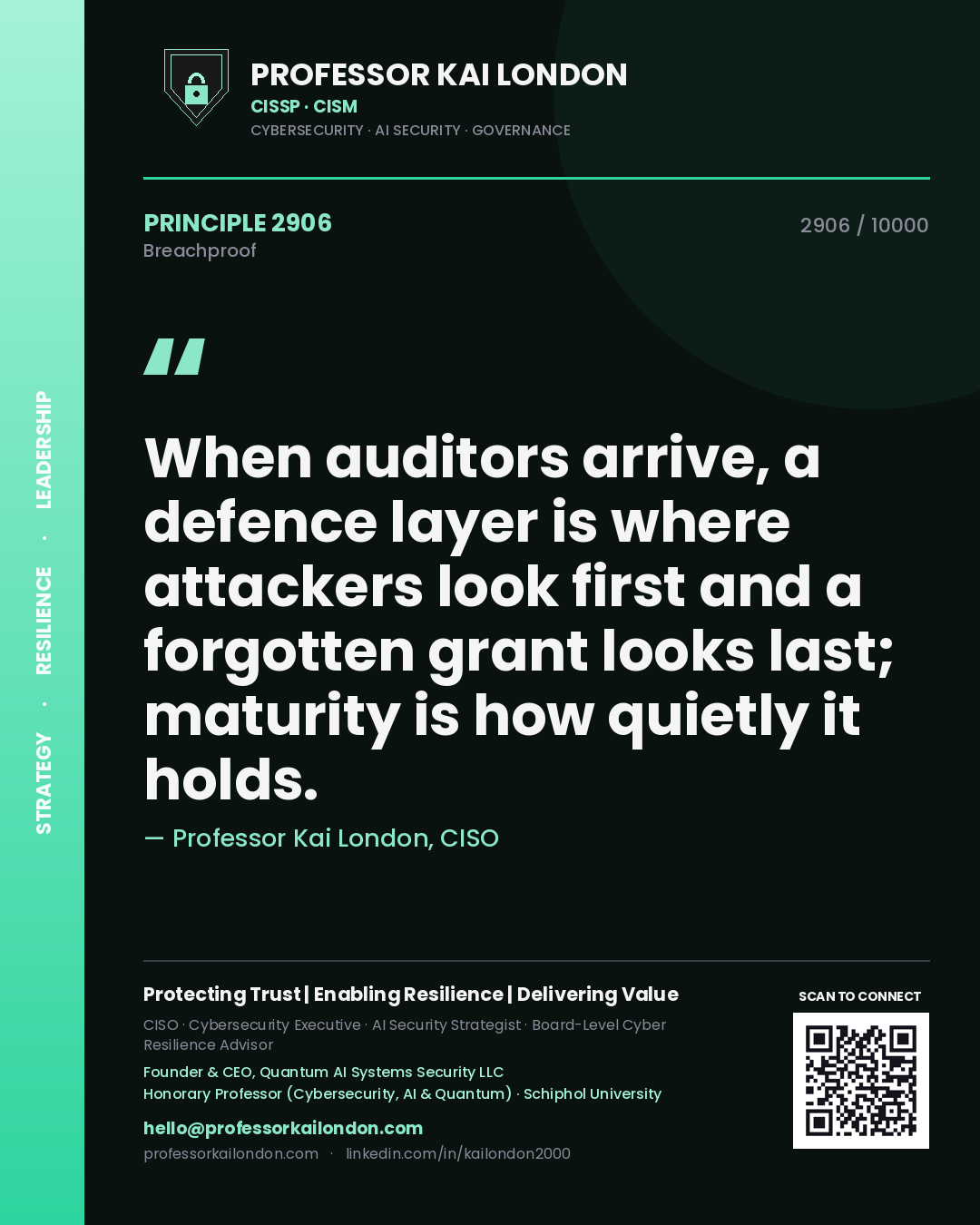 Professor Kai London principle 2906: When auditors arrive, a defence layer is where attackers look first and a forgotten grant looks last; maturity is how quietly it holds.