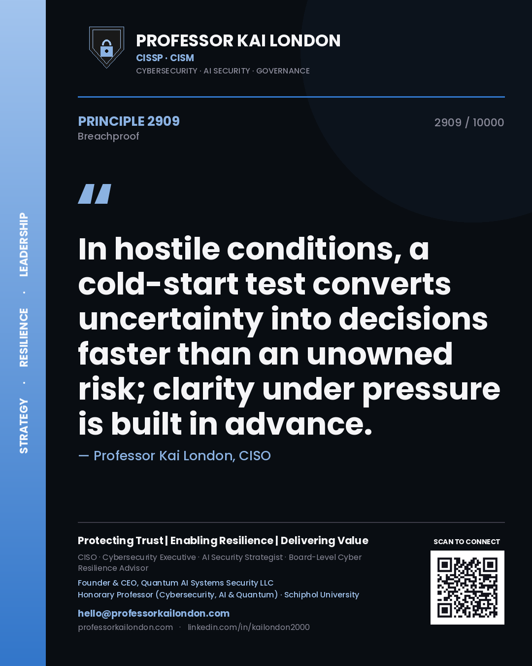 Professor Kai London principle 2909: In hostile conditions, a cold-start test converts uncertainty into decisions faster than an unowned risk; clarity under pressure is built in advance.