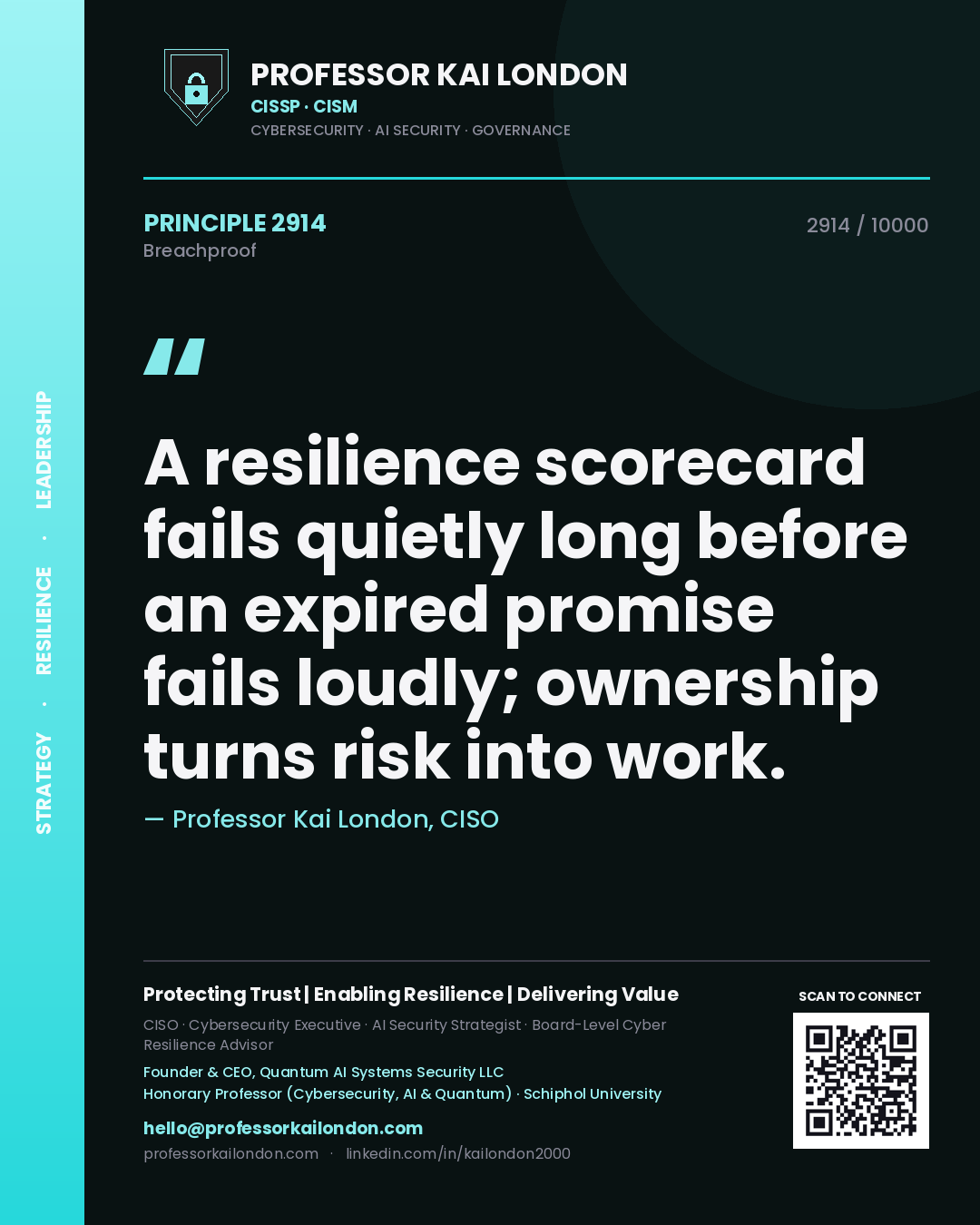 Professor Kai London principle 2914: A resilience scorecard fails quietly long before an expired promise fails loudly; ownership turns risk into work.