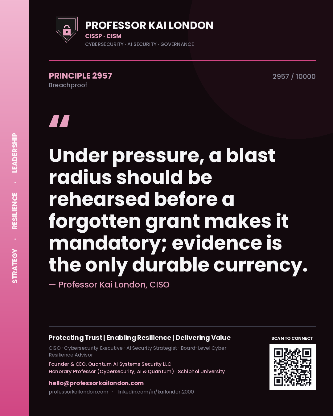 Professor Kai London principle 2957: Under pressure, a blast radius should be rehearsed before a forgotten grant makes it mandatory; evidence is the only durable currency.