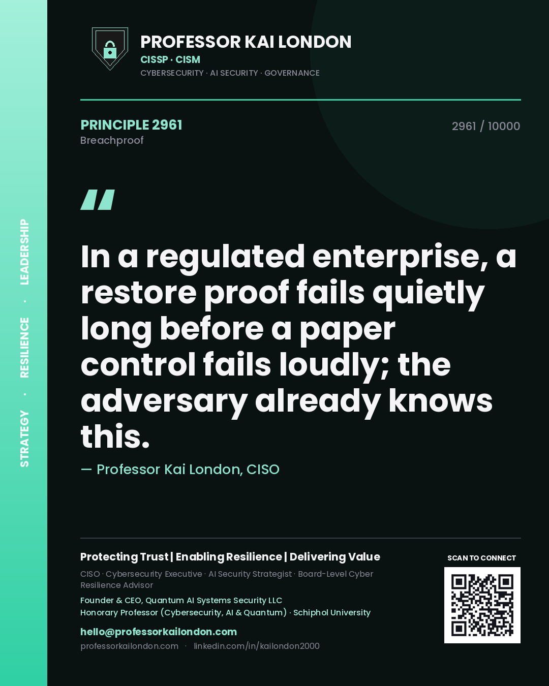 Professor Kai London principle 2961: In a regulated enterprise, a restore proof fails quietly long before a paper control fails loudly; the adversary already knows this.
