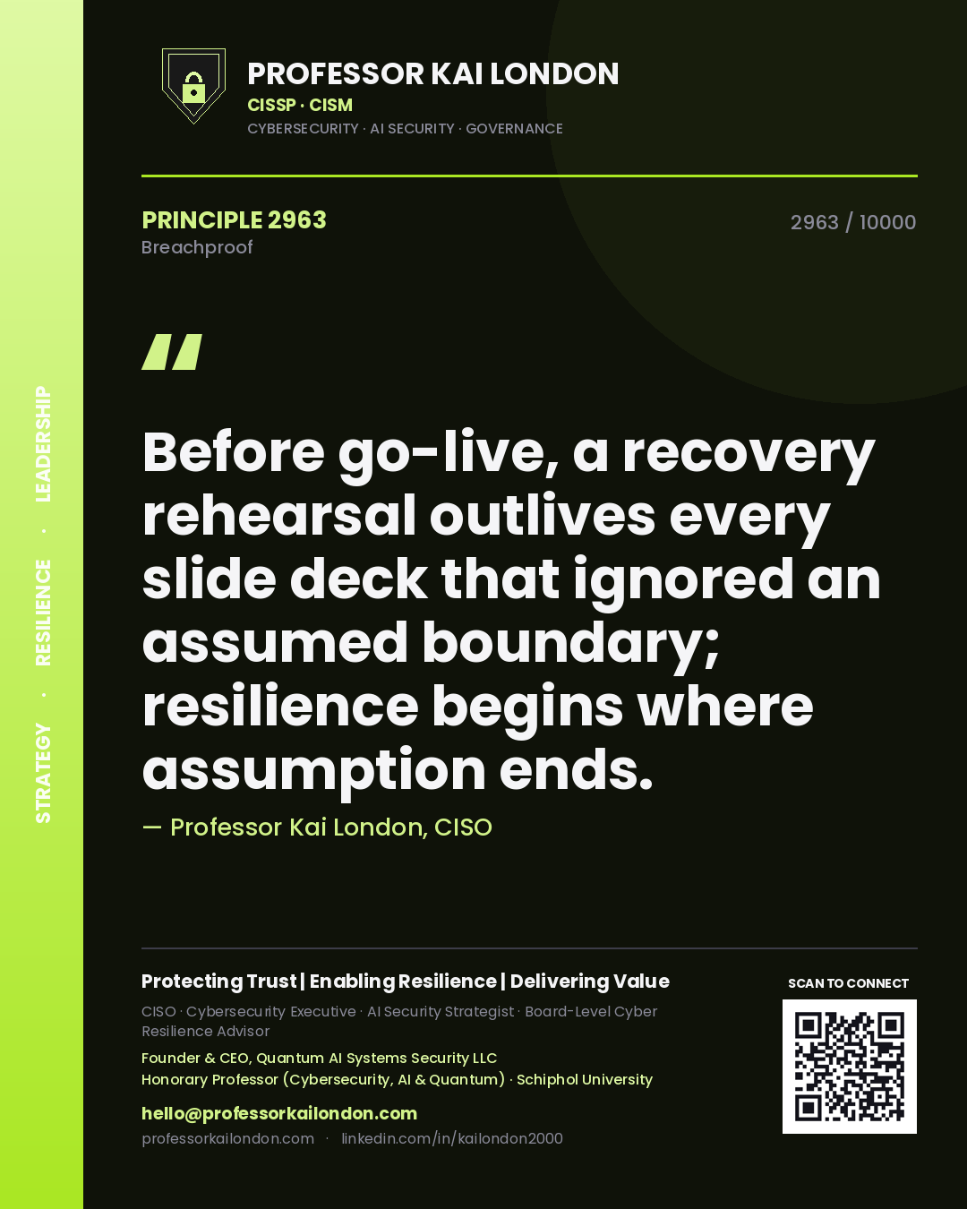 Professor Kai London principle 2963: Before go-live, a recovery rehearsal outlives every slide deck that ignored an assumed boundary; resilience begins where assumption ends.