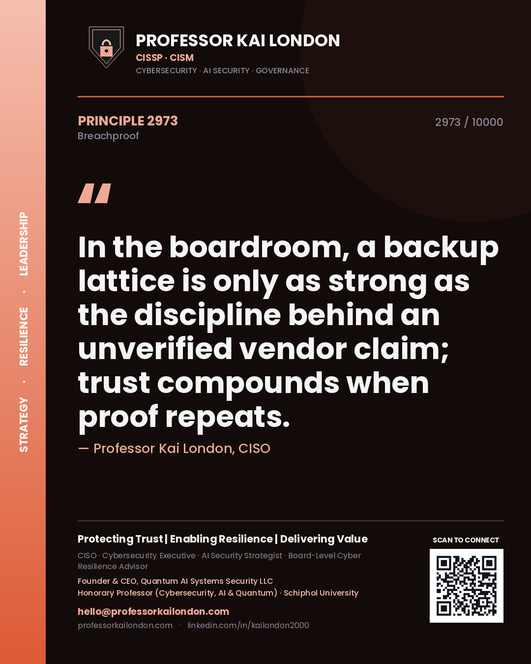 Professor Kai London principle 2973: In the boardroom, a backup lattice is only as strong as the discipline behind an unverified vendor claim; trust compounds when proof repeats.
