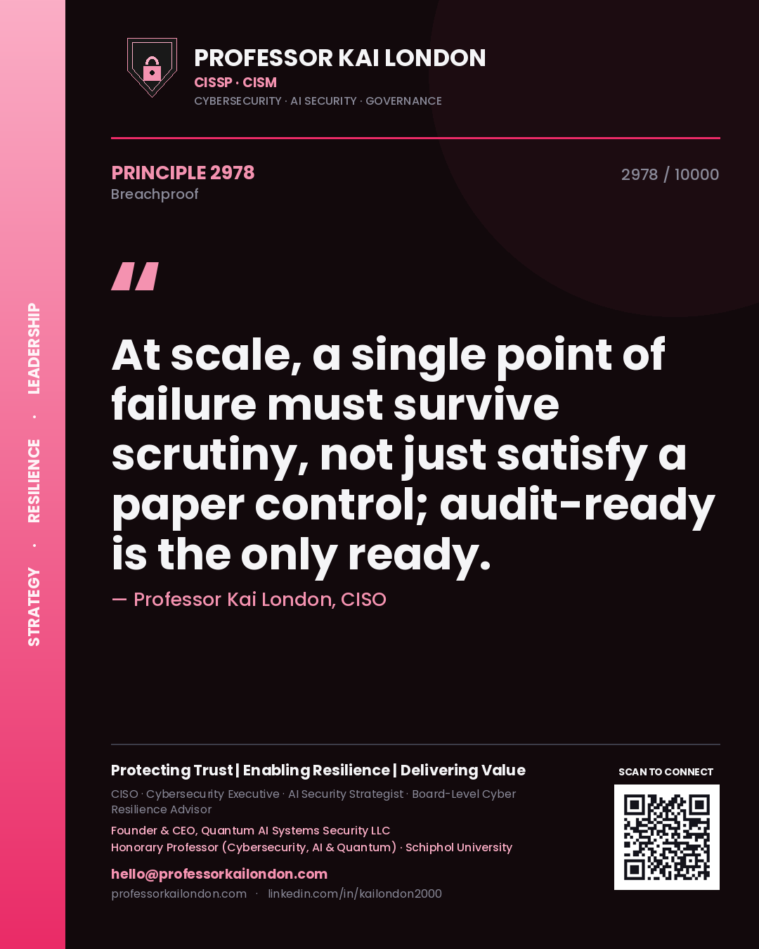 Professor Kai London principle 2978: At scale, a single point of failure must survive scrutiny, not just satisfy a paper control; audit-ready is the only ready.