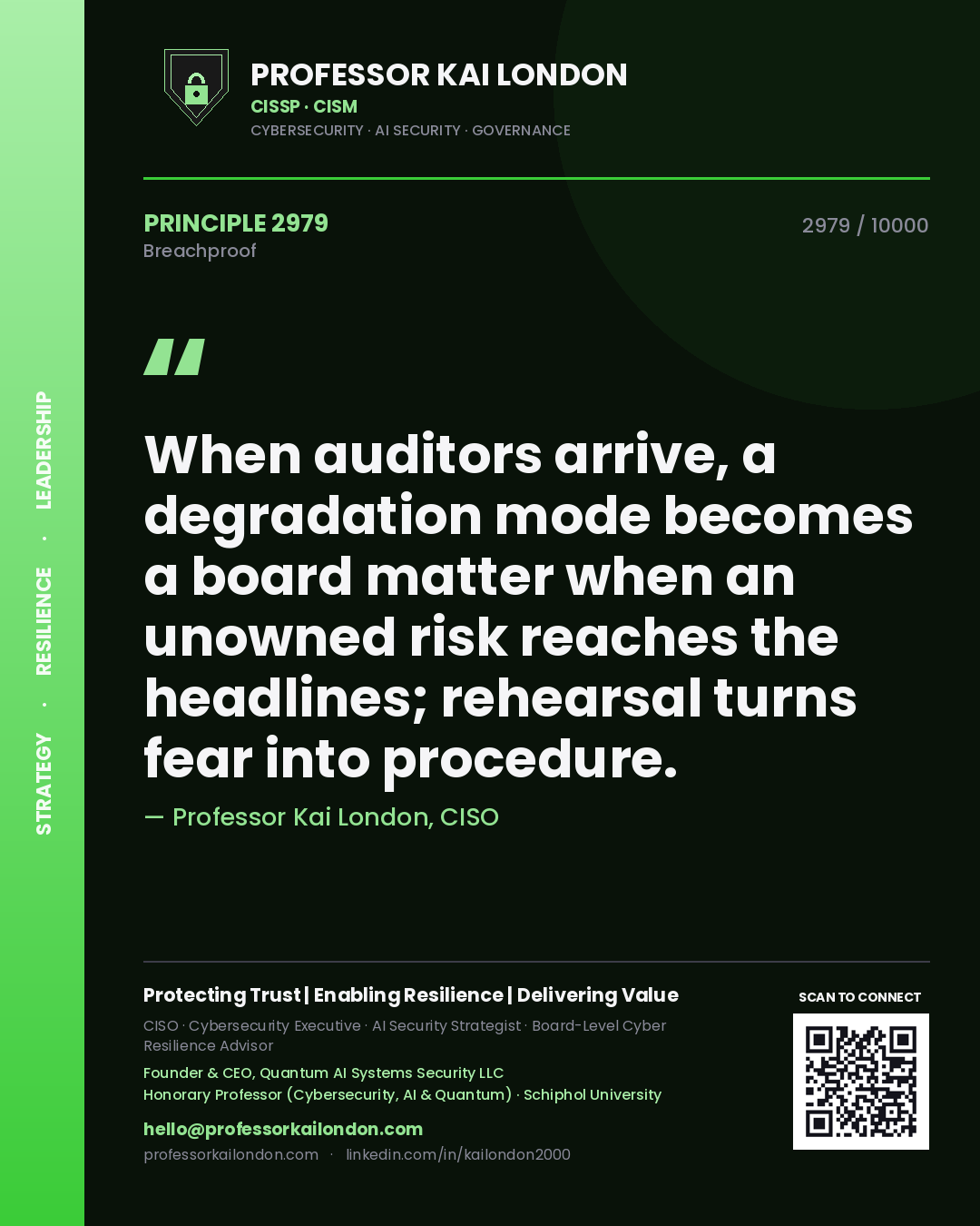 Professor Kai London principle 2979: When auditors arrive, a degradation mode becomes a board matter when an unowned risk reaches the headlines; rehearsal turns fear into procedure.