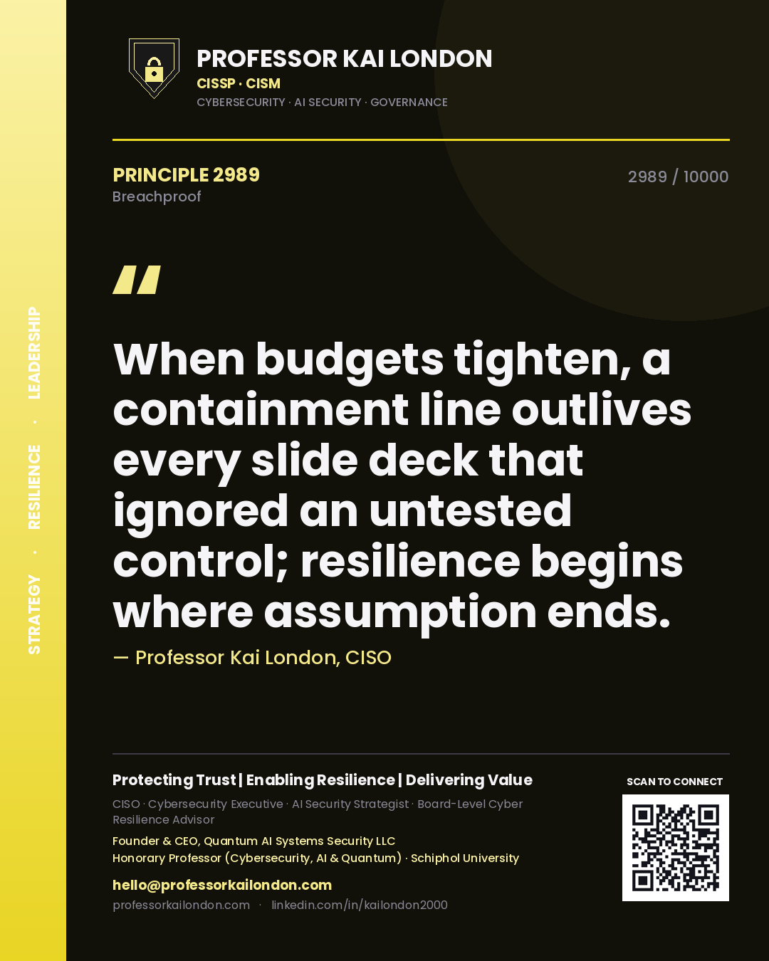 Professor Kai London principle 2989: When budgets tighten, a containment line outlives every slide deck that ignored an untested control; resilience begins where assumption ends.