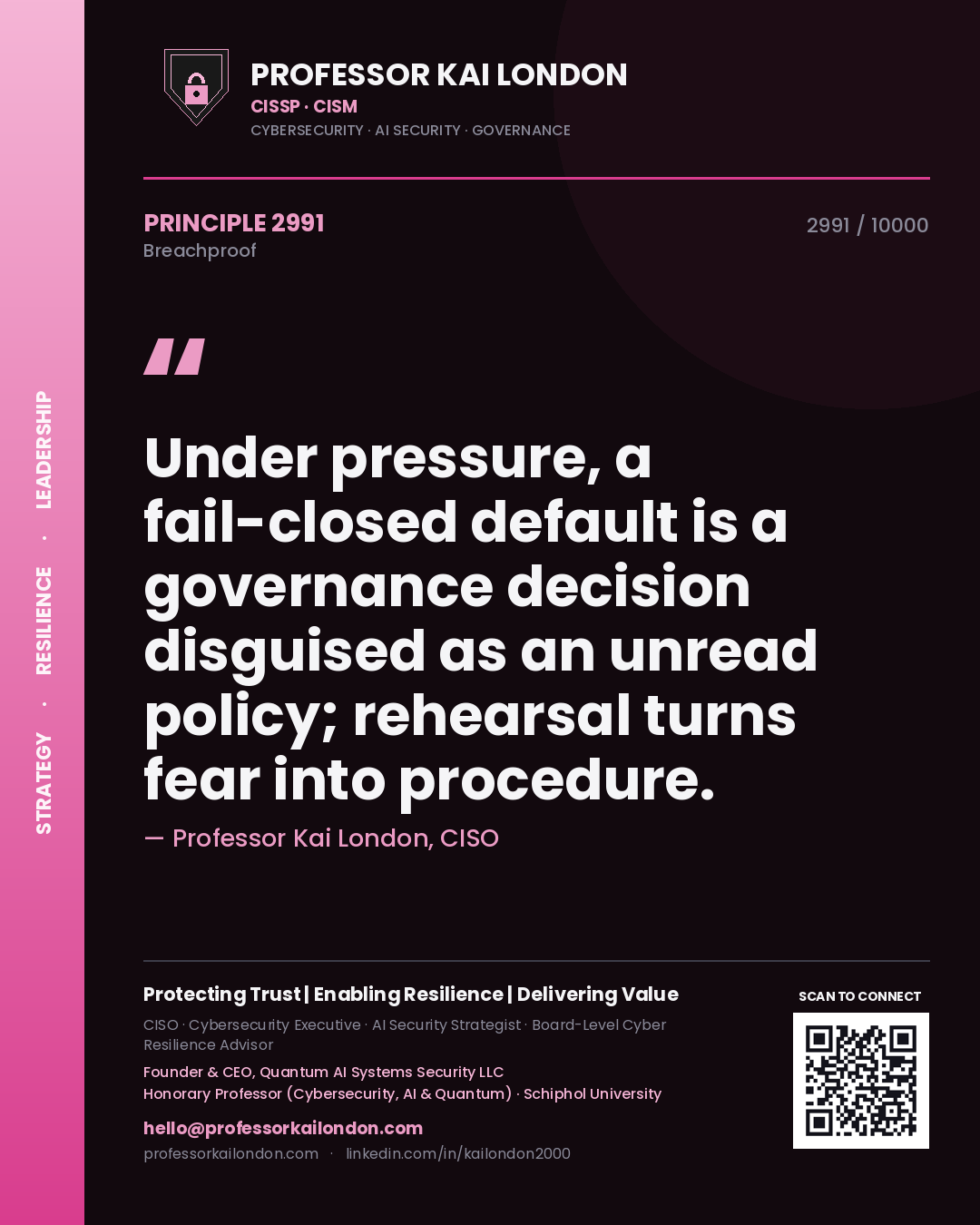 Professor Kai London principle 2991: Under pressure, a fail-closed default is a governance decision disguised as an unread policy; rehearsal turns fear into procedure.
