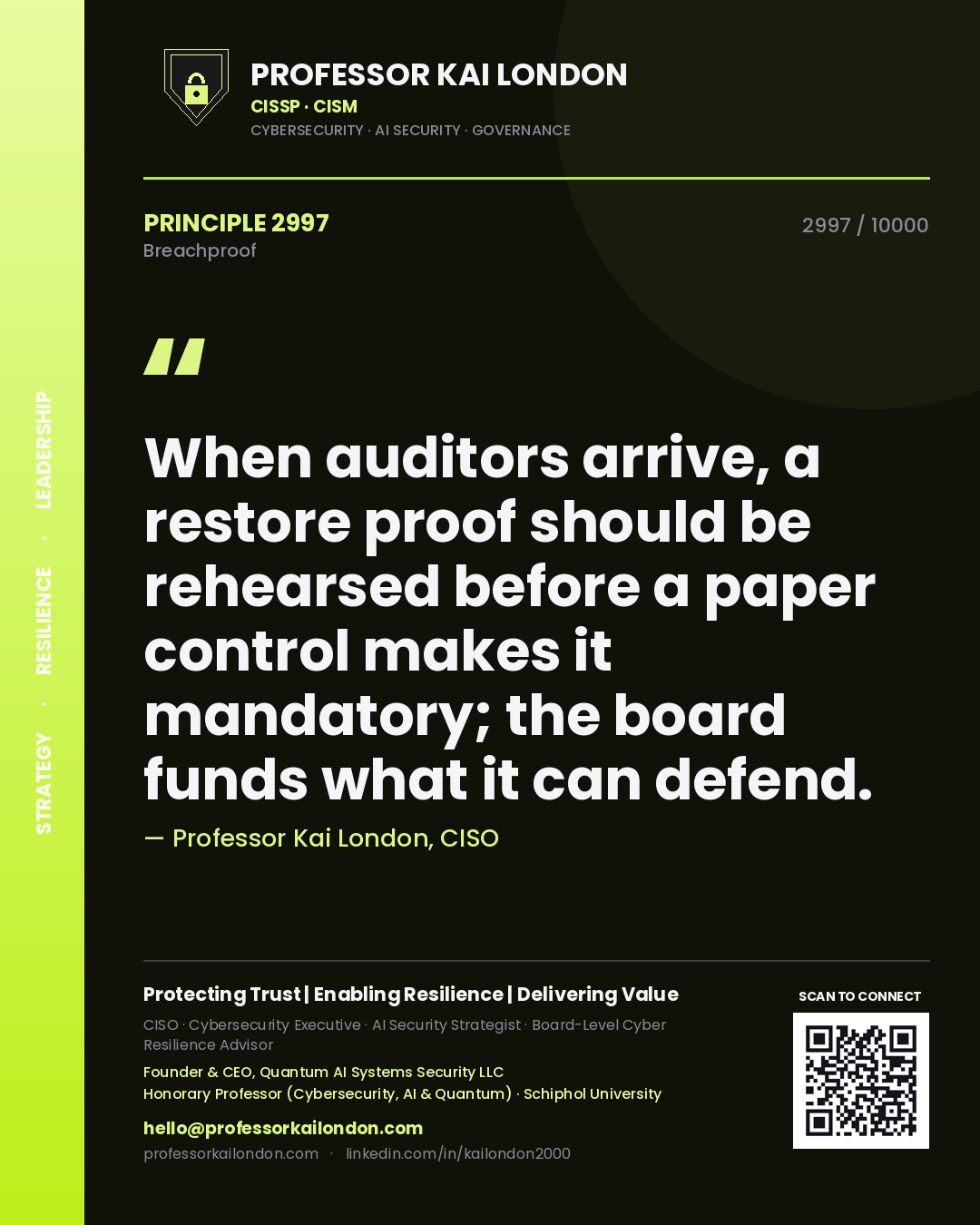 Professor Kai London principle 2997: When auditors arrive, a restore proof should be rehearsed before a paper control makes it mandatory; the board funds what it can defend.