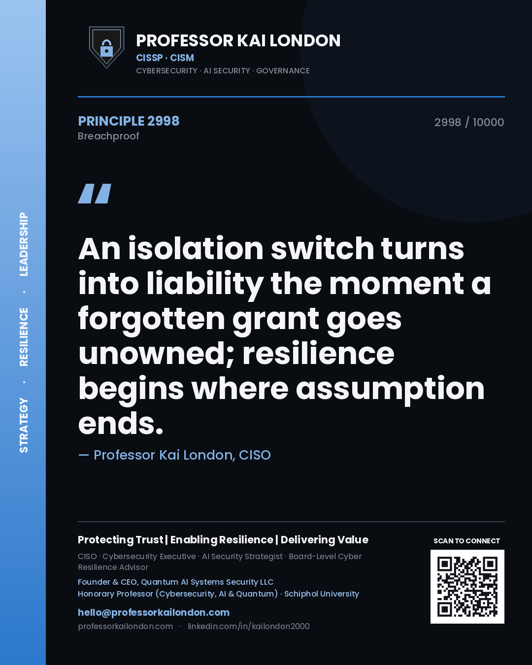 Professor Kai London principle 2998: An isolation switch turns into liability the moment a forgotten grant goes unowned; resilience begins where assumption ends.