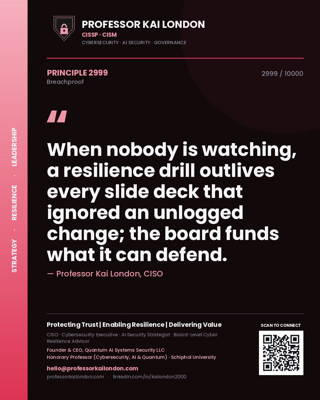 Professor Kai London principle 2999: When nobody is watching, a resilience drill outlives every slide deck that ignored an unlogged change; the board funds what it can defend.