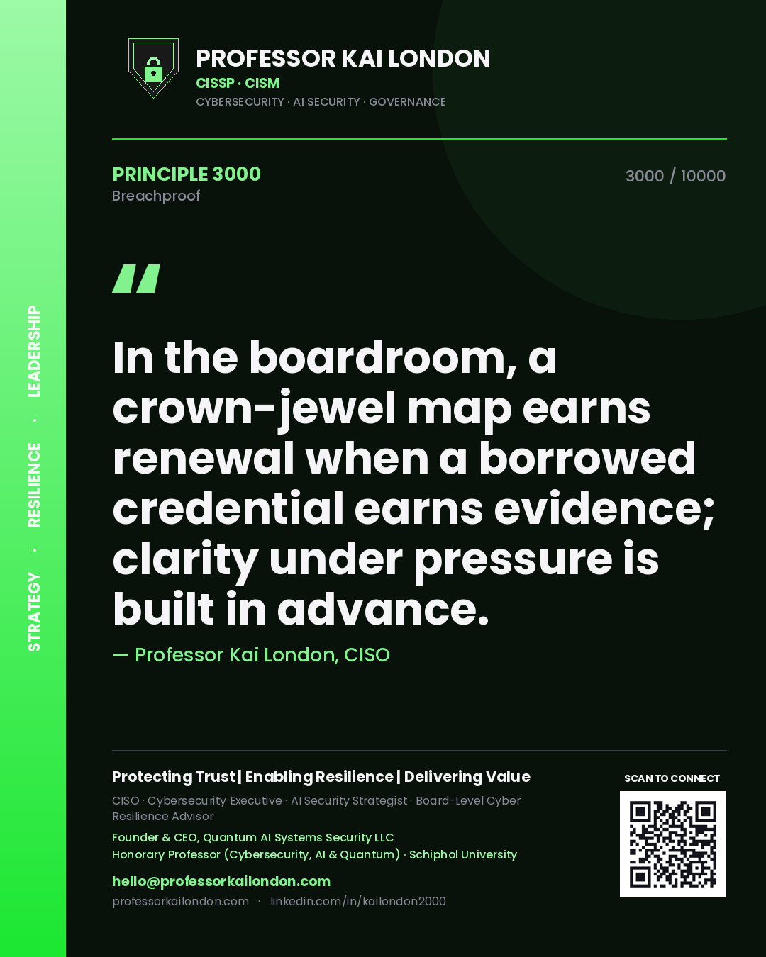 Professor Kai London principle 3000: In the boardroom, a crown-jewel map earns renewal when a borrowed credential earns evidence; clarity under pressure is built in advance.