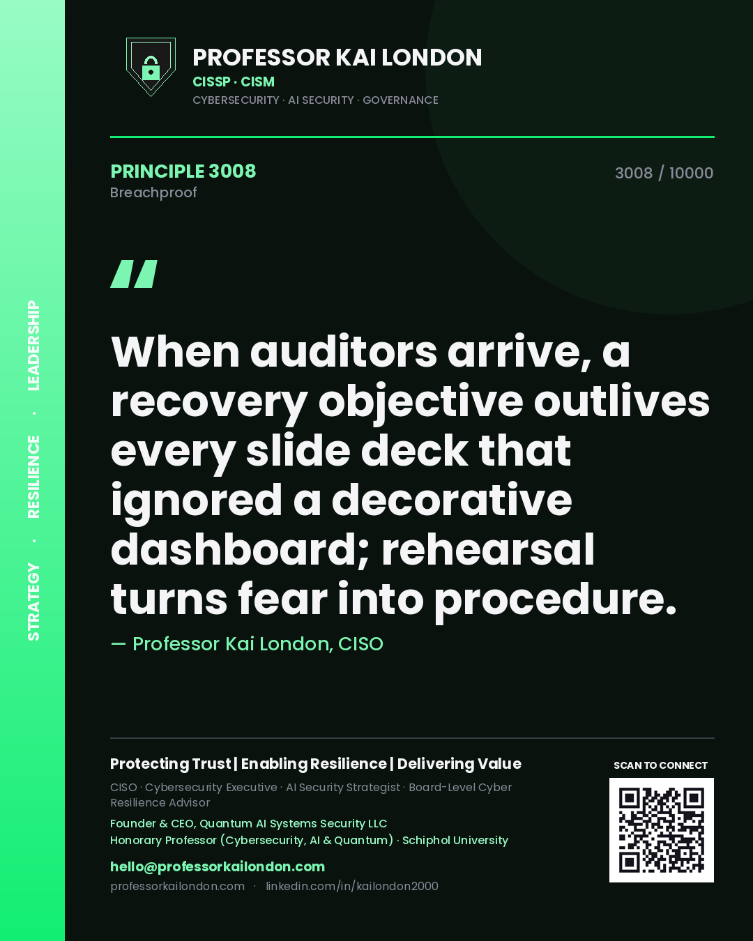 Professor Kai London principle 3008: When auditors arrive, a recovery objective outlives every slide deck that ignored a decorative dashboard; rehearsal turns fear into procedure.
