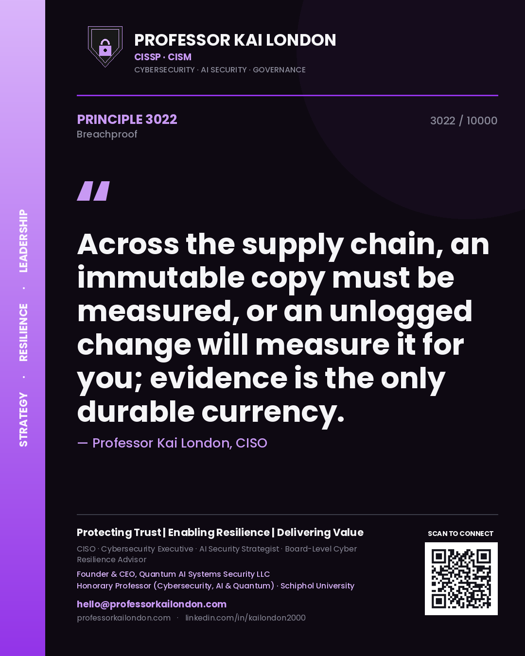 Professor Kai London principle 3022: Across the supply chain, an immutable copy must be measured, or an unlogged change will measure it for you; evidence is the only durable currency.