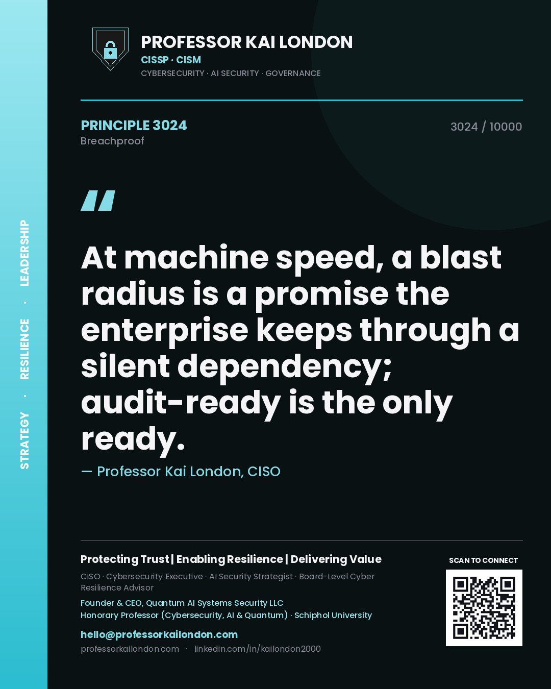 Professor Kai London principle 3024: At machine speed, a blast radius is a promise the enterprise keeps through a silent dependency; audit-ready is the only ready.