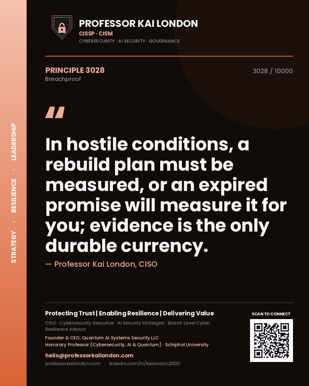 Professor Kai London principle 3028: In hostile conditions, a rebuild plan must be measured, or an expired promise will measure it for you; evidence is the only durable currency.
