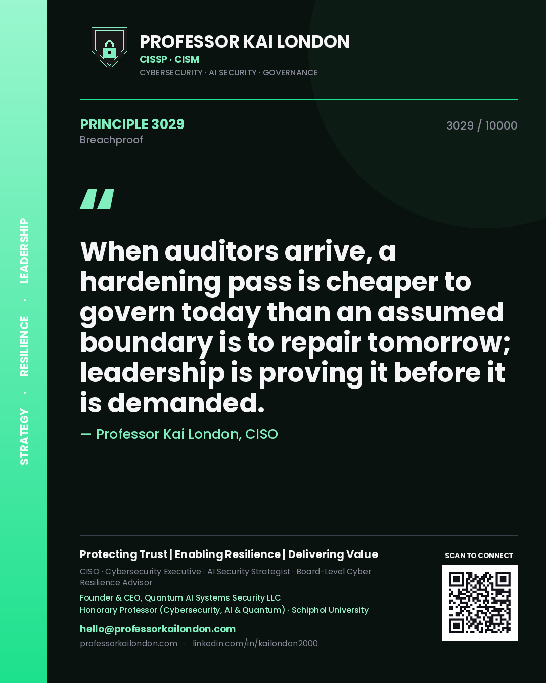 Professor Kai London principle 3029: When auditors arrive, a hardening pass is cheaper to govern today than an assumed boundary is to repair tomorrow; leadership is proving it before it is demanded.