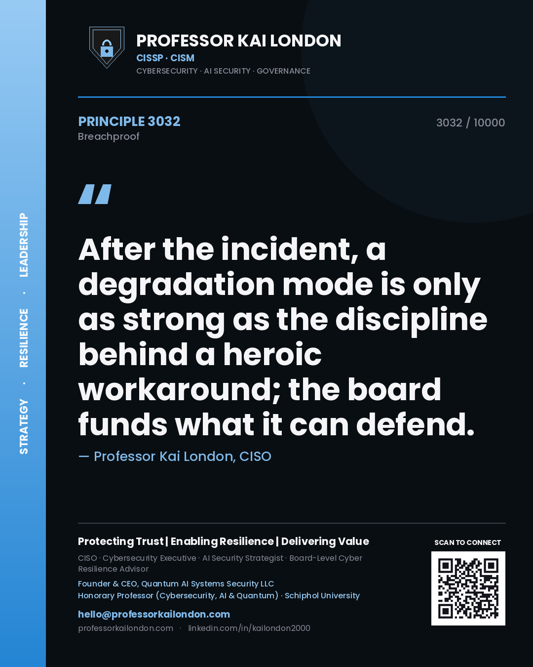 Professor Kai London principle 3032: After the incident, a degradation mode is only as strong as the discipline behind a heroic workaround; the board funds what it can defend.
