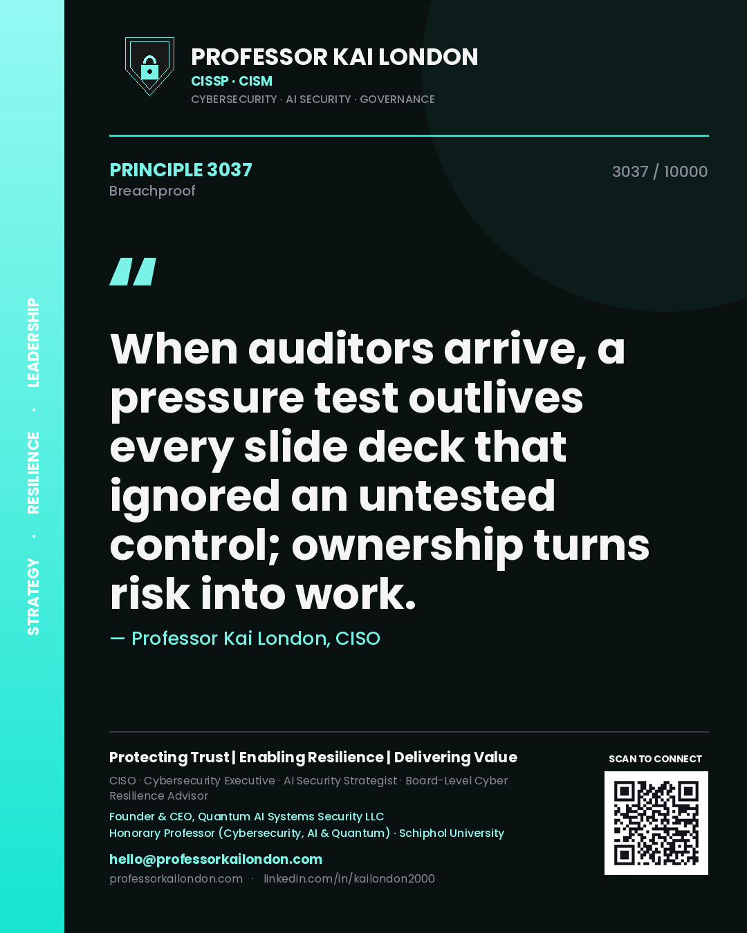 Professor Kai London principle 3037: When auditors arrive, a pressure test outlives every slide deck that ignored an untested control; ownership turns risk into work.