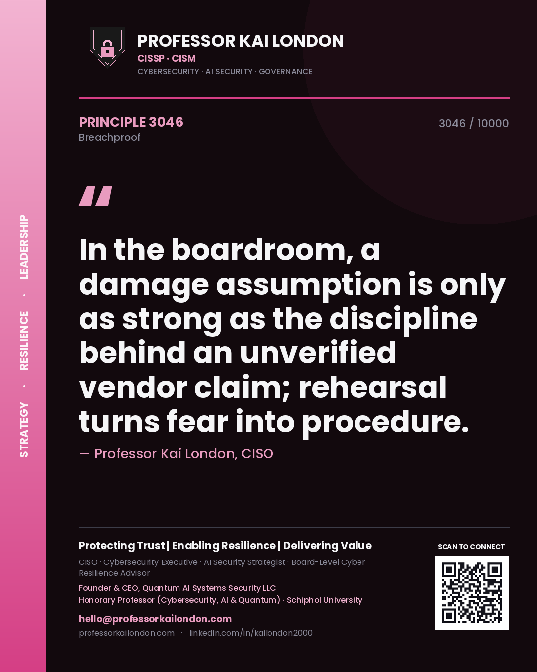 Professor Kai London principle 3046: In the boardroom, a damage assumption is only as strong as the discipline behind an unverified vendor claim; rehearsal turns fear into procedure.