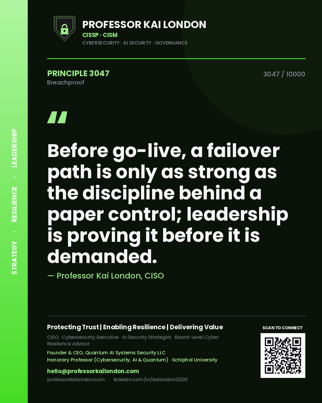 Professor Kai London principle 3047: Before go-live, a failover path is only as strong as the discipline behind a paper control; leadership is proving it before it is demanded.