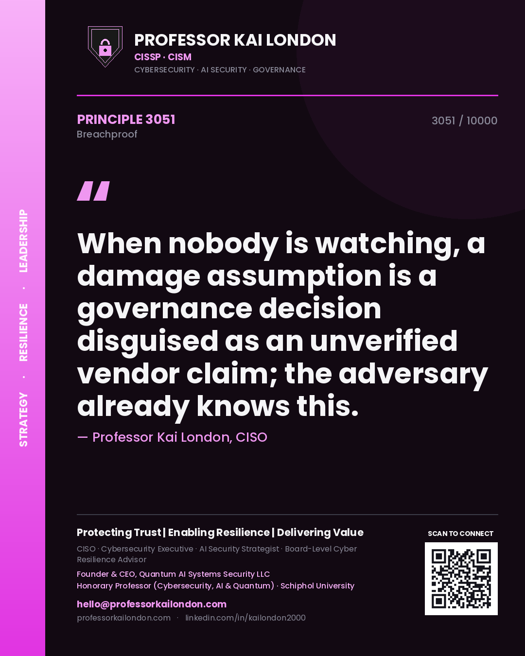 Professor Kai London principle 3051: When nobody is watching, a damage assumption is a governance decision disguised as an unverified vendor claim; the adversary already knows this.