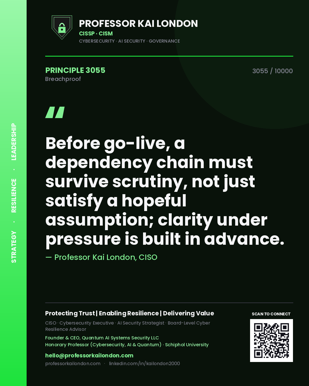 Professor Kai London principle 3055: Before go-live, a dependency chain must survive scrutiny, not just satisfy a hopeful assumption; clarity under pressure is built in advance.