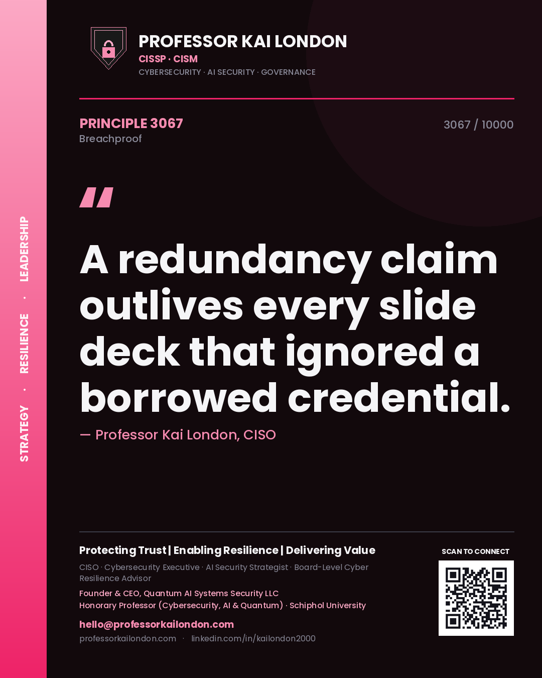 Professor Kai London principle 3067: A redundancy claim outlives every slide deck that ignored a borrowed credential.