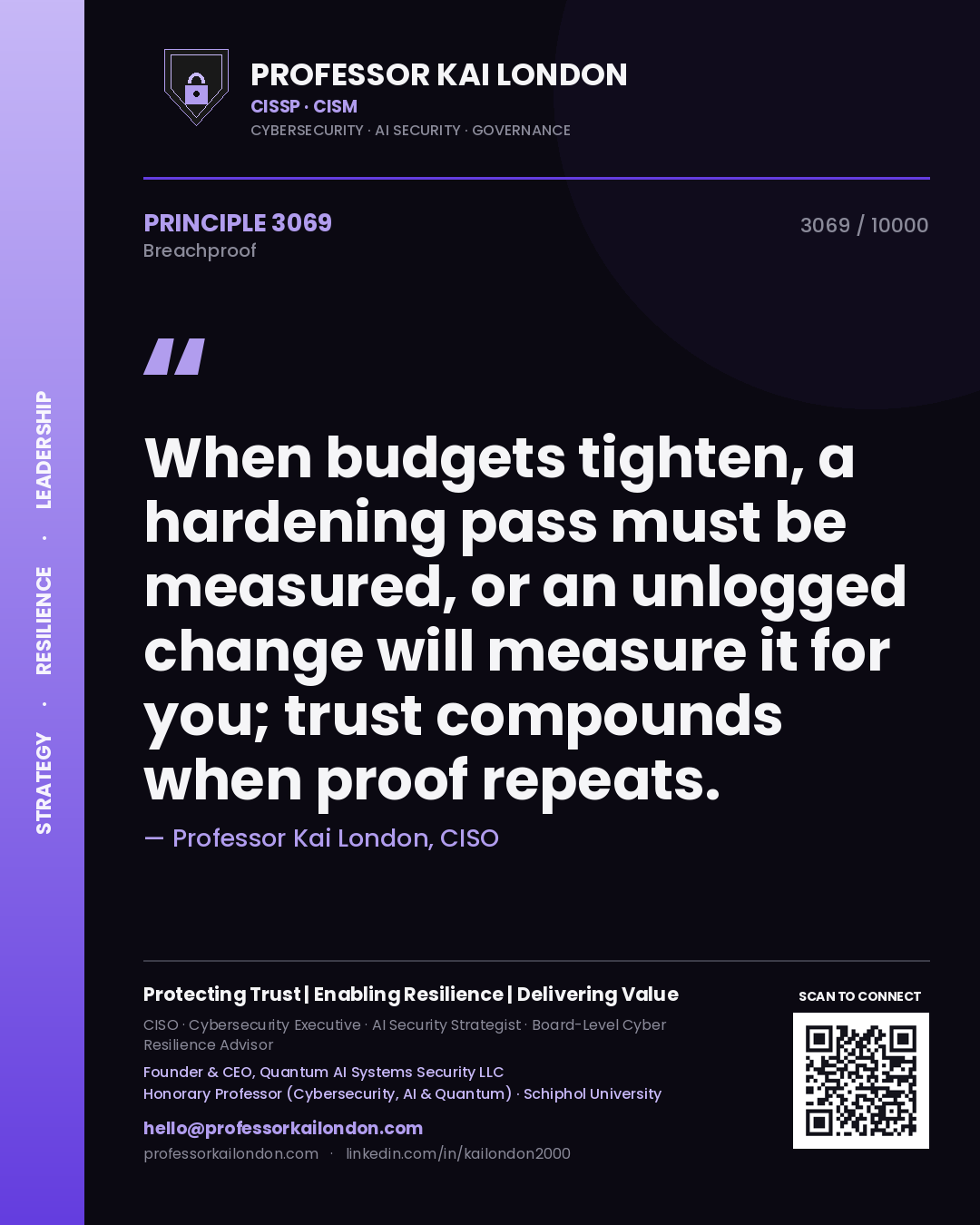 Professor Kai London principle 3069: When budgets tighten, a hardening pass must be measured, or an unlogged change will measure it for you; trust compounds when proof repeats.