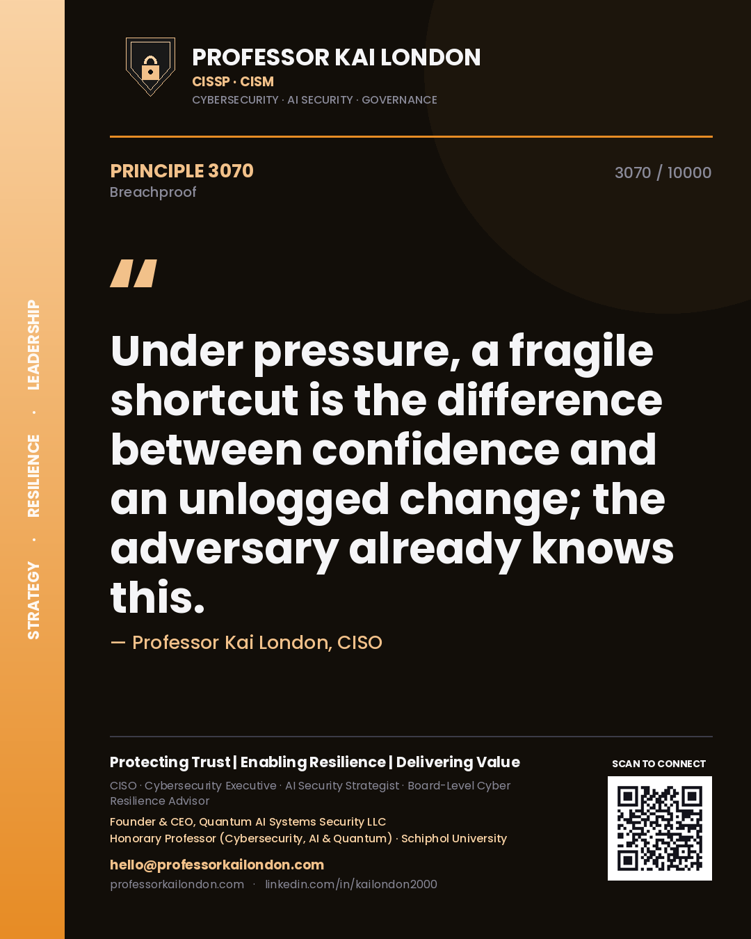 Professor Kai London principle 3070: Under pressure, a fragile shortcut is the difference between confidence and an unlogged change; the adversary already knows this.