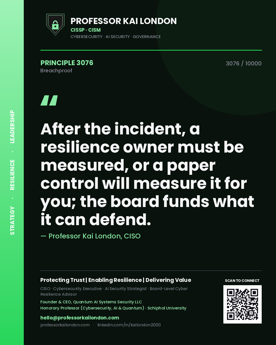 Professor Kai London principle 3076: After the incident, a resilience owner must be measured, or a paper control will measure it for you; the board funds what it can defend.