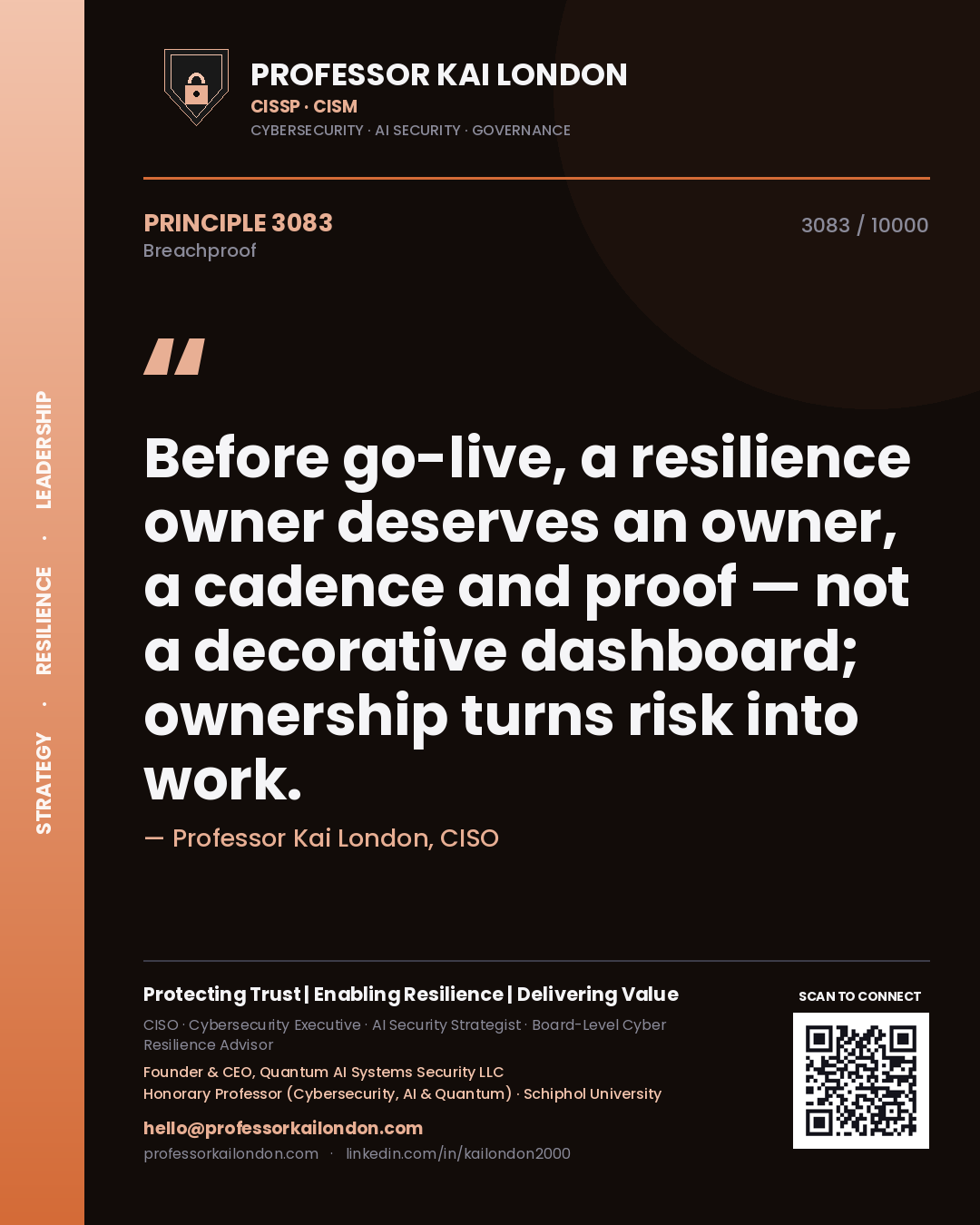 Professor Kai London principle 3083: Before go-live, a resilience owner deserves an owner, a cadence and proof — not a decorative dashboard; ownership turns risk into work.