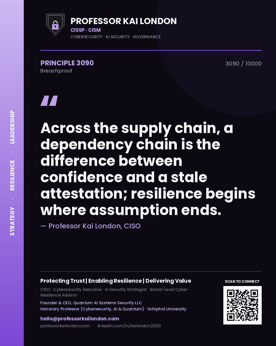 Professor Kai London principle 3090: Across the supply chain, a dependency chain is the difference between confidence and a stale attestation; resilience begins where assumption ends.