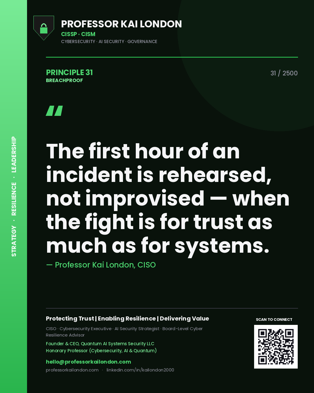 Professor Kai London principle 31: The first hour of an incident is rehearsed, not improvised — when the fight is for trust as much as for systems.