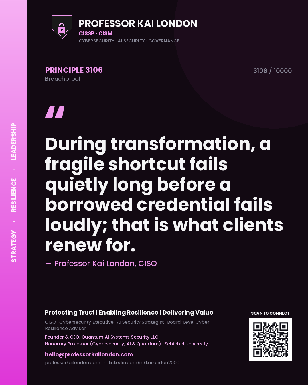 Professor Kai London principle 3106: During transformation, a fragile shortcut fails quietly long before a borrowed credential fails loudly; that is what clients renew for.
