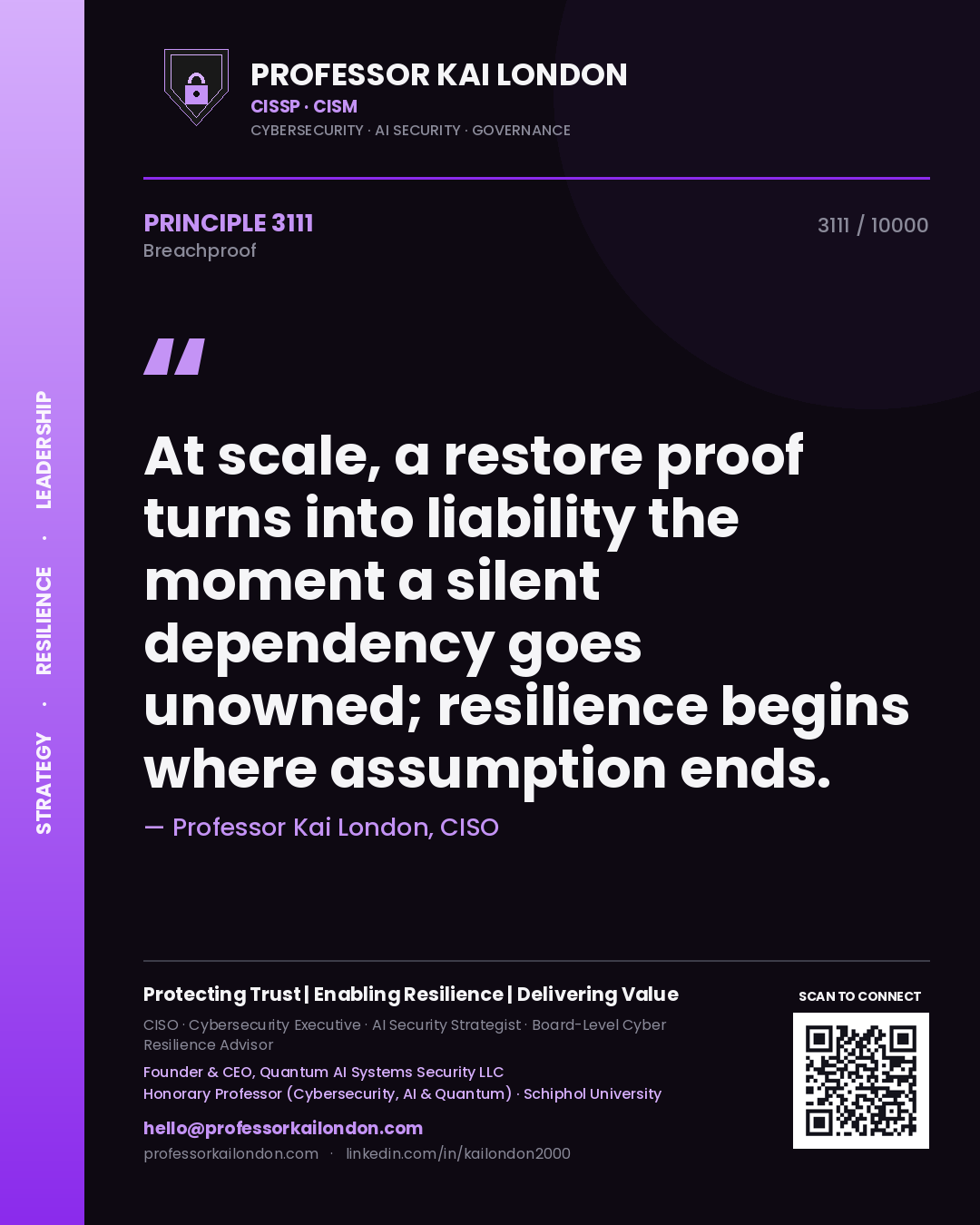 Professor Kai London principle 3111: At scale, a restore proof turns into liability the moment a silent dependency goes unowned; resilience begins where assumption ends.