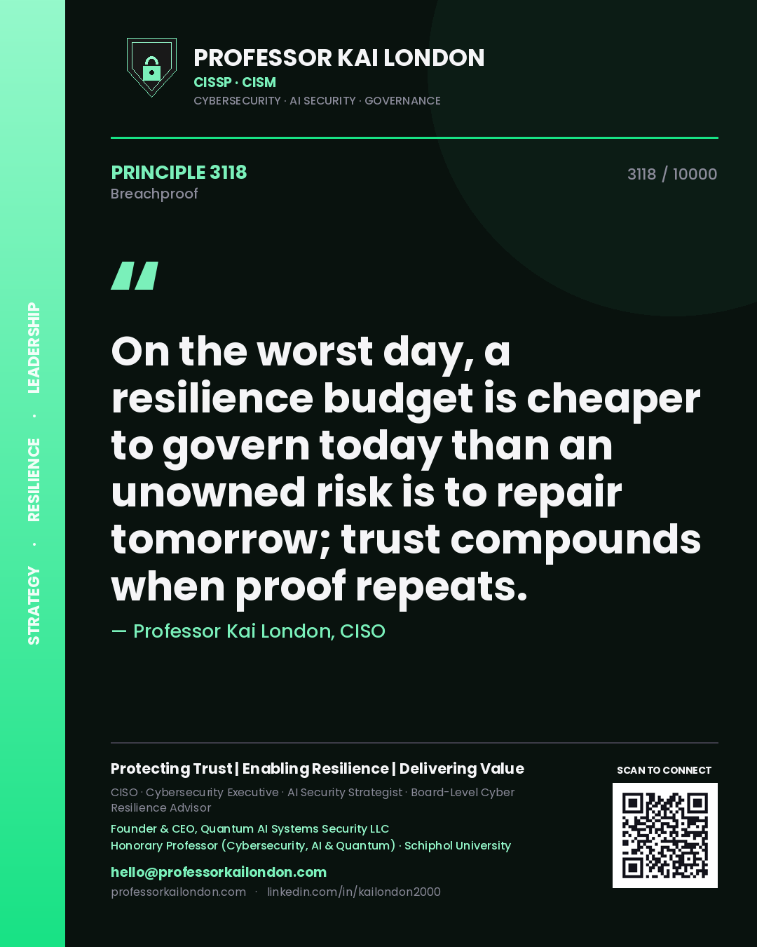 Professor Kai London principle 3118: On the worst day, a resilience budget is cheaper to govern today than an unowned risk is to repair tomorrow; trust compounds when proof repeats.